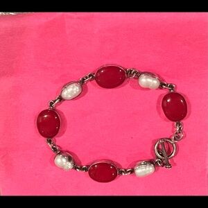 Sterling Silver Red and Pearls Bracelet